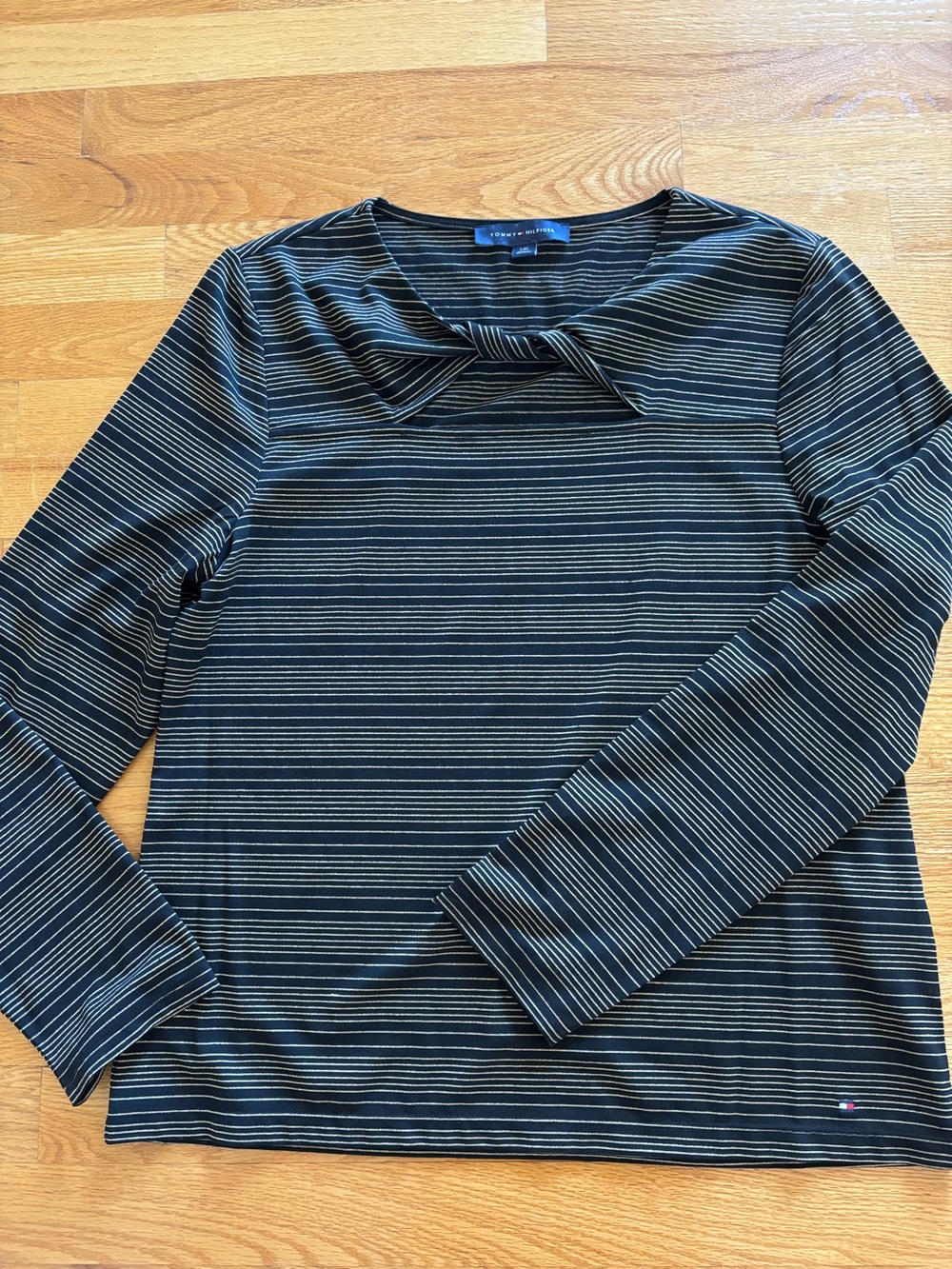 Tommy Hilfiger Striped Bow-Neck Long Sleeve Top - Black/gold